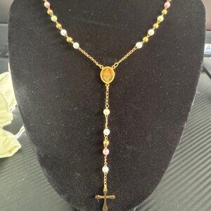 Full Rosary Necklace – Gold with Light Color Beads/ 3mm beads